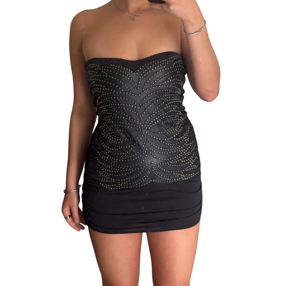 Vintage y2k Sheri Bodell Mini Dress Small Black Studded Leather Ruched Strapless